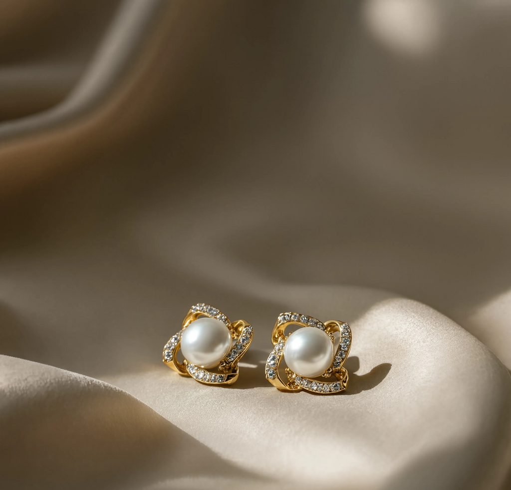 A pair of gold-toned earrings with large white pearls and pavé-set clear stones, displayed on draped champagne satin fabric.