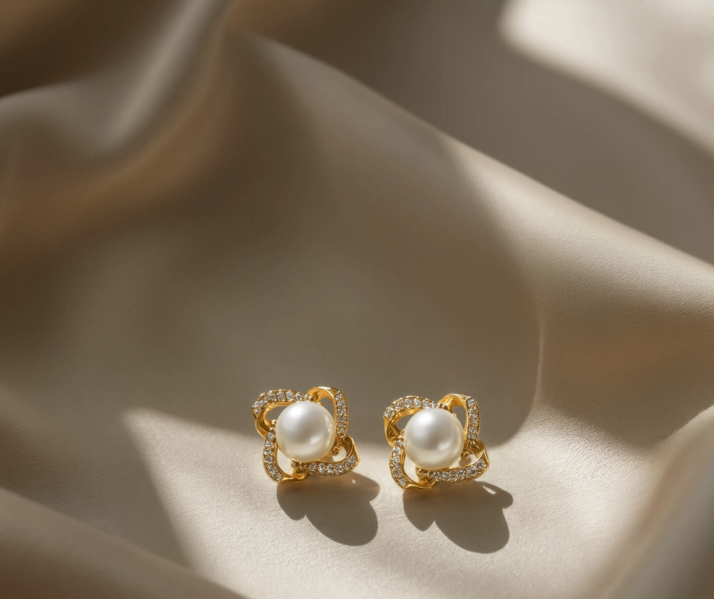 A pair of gold-toned statement earrings with large white pearls and small clear stones, displayed on draped champagne satin fabric.